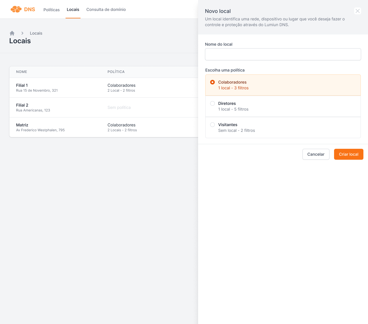 Locais do Lumiun DNS
